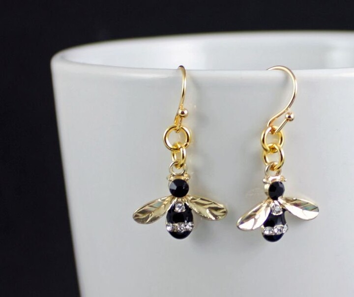 Etsy Buzz - Bee Earrings, Black Enamel, Gold, Petite, Dainty, Rhinestones, Honey Bee, Bumblebee, Nature Jewelry, Bug, Insect, Gift For Her