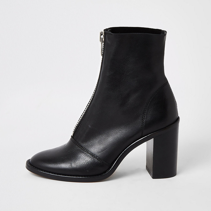 River Island Black leather zip front heeled boots - ShopStyle