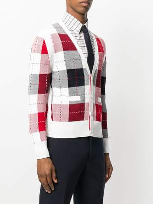 Thom Browne Classic V-neck Cardigan With Large Plaid Intarsia In Cotton Crepe