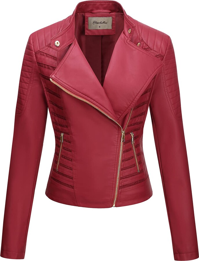 Geschallino Womens PU Leather Jacket 2 Colors Spring Vintage Short Coat for Autumn Moto Biker Jacket with Zip Pockets