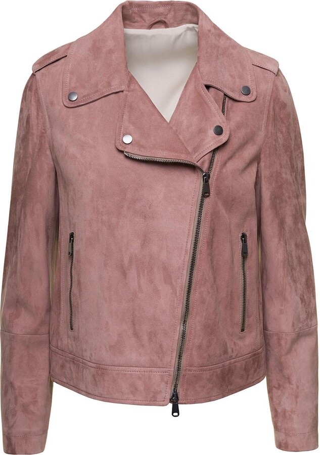 Brunello Cucinelli Pink Suede Biker Jacket In Calf Leather Woman