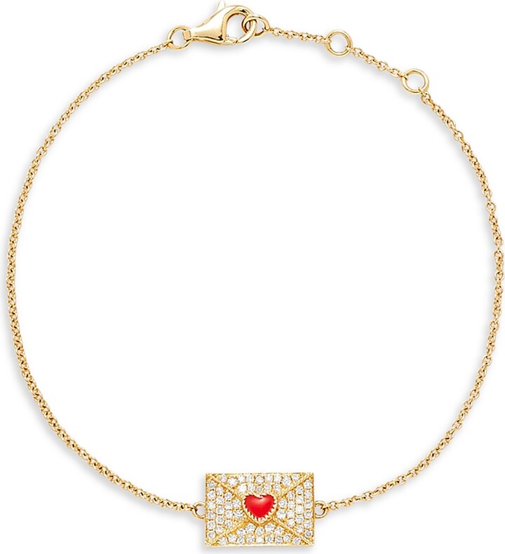 Yvonne Léon 18K Yellow Gold Bracelet Ma Declaration Gray Diamond & Red Heart Envelope Charm Link Bracelet