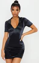 Thumbnail for your product : PrettyLittleThing Black Satin Collar Detail Ruched Bodycon Dress