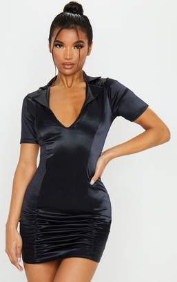 PrettyLittleThing Black Satin Collar Detail Ruched Bodycon Dress