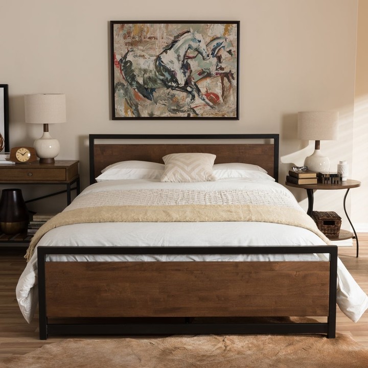 Skyline Decor Gabby Vintage Industrial, Sleeplanner 14 Inch Solid Wood Platform Bed Frame Queen Size
