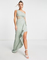 Thumbnail for your product : Trendyol one shoulder maxi dress with ruffle detail in sage