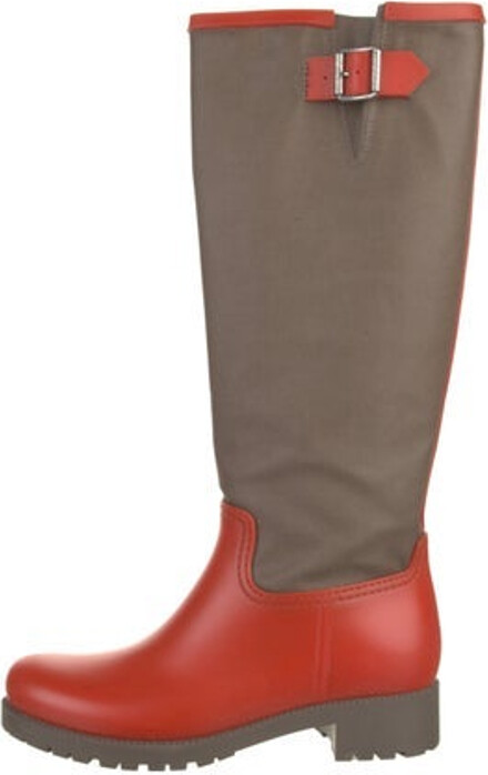 MM6 Maison Margiela Rubber Knee-High Rain Boots Brown Colorblock Pattern Round-Toes Straps & Buckle Closure At Uppers Includes Box