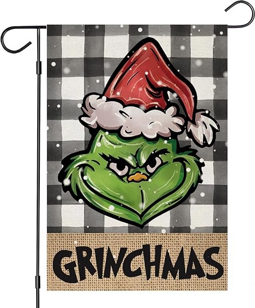 Chritmas Garden Flags for Outdoor,Buffalo Plaid with Grinch Small Yard Flag,Seasonal Xmas Decors for Winter Holiday Farmhouse Outside 12x18 Double Sided