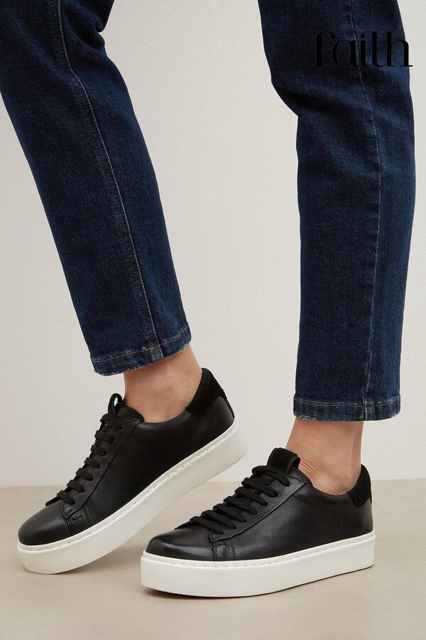 Black leather trainers white sole womens Clearance