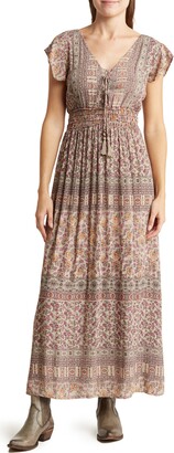 Angie Mixed Print Flutter Sleeve Tiered Maxi Dress
