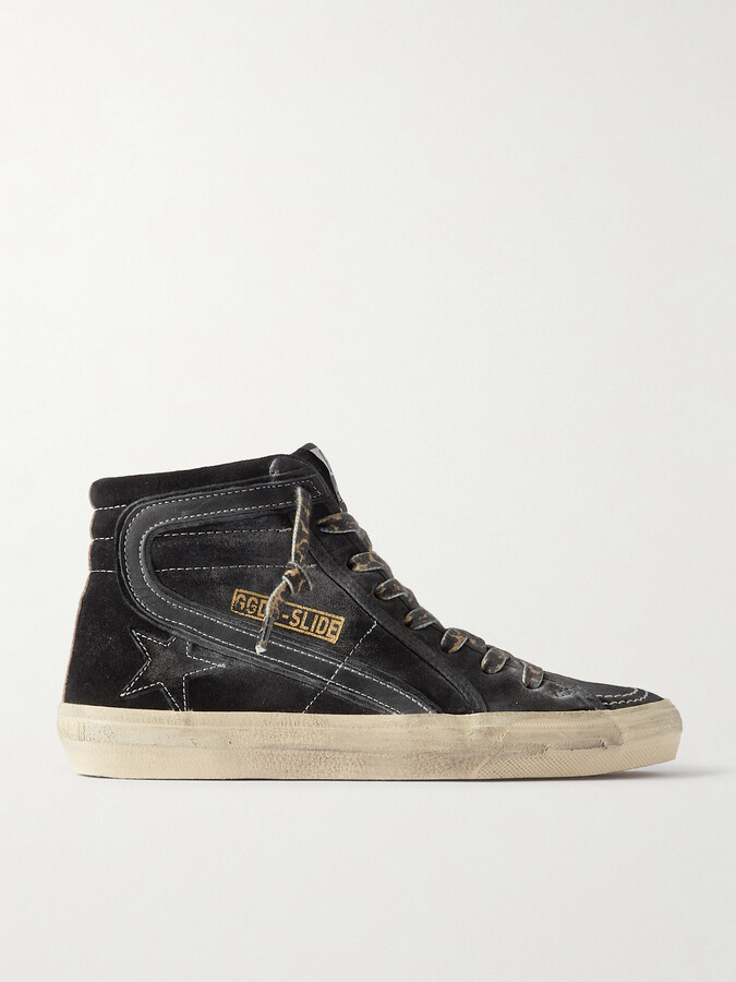 Golden Goose Slide Distressed Leather-trimmed Suede High Top Sneakers - Black
