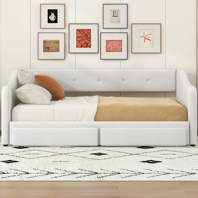 Lark Manor Twin Xl To King Beige Upholstered Daybed Two Drawers Stylish Buttoned Design On Back And Drawer Comfort Foam - Padded Sides King Size Storage So