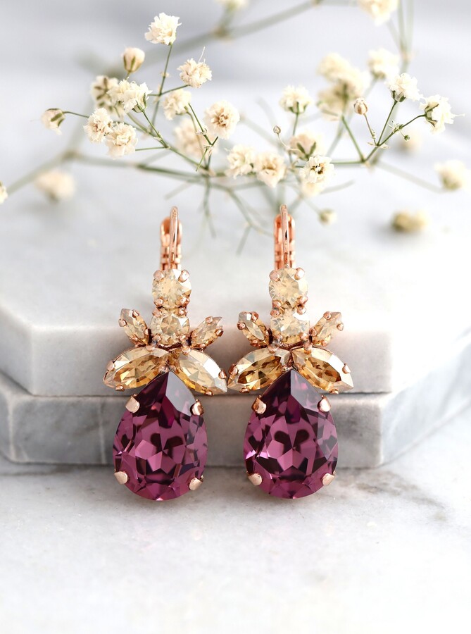 Etsy Purple Crystal Drop Earrings, Mulberry Bridal Iris Bridesmaids Earrings