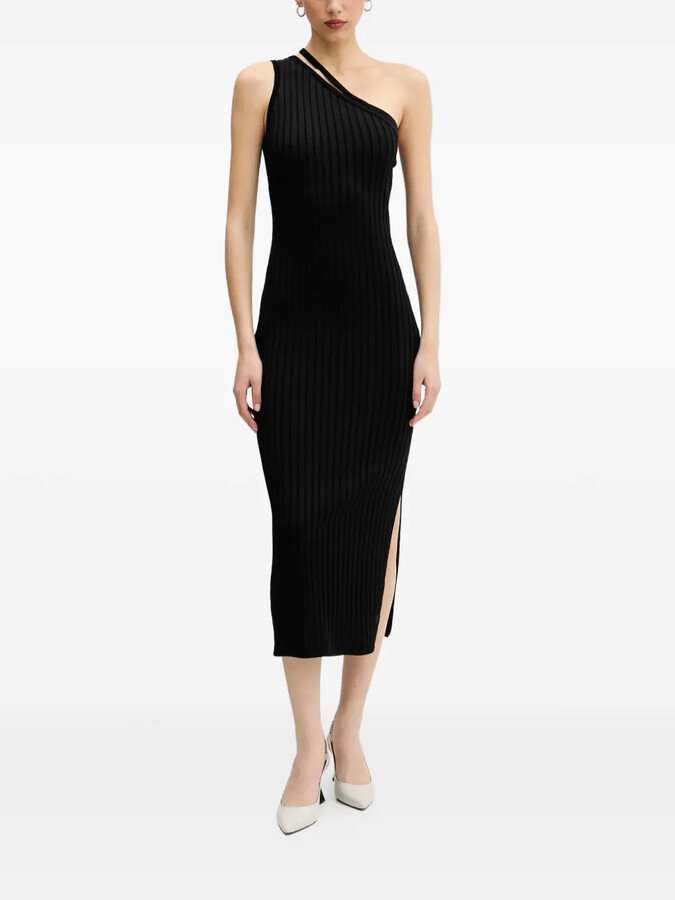 HUGO BOSS One-Shoulder Ribbed-Knit Midi Dress