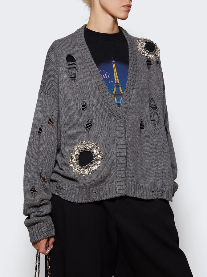 Area Distressed Crystal Cardigan Heathered Grey