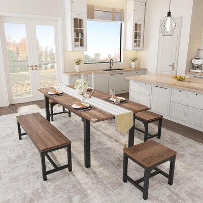 Ebern Designs 5-Piece Extendable Dining Table Set for 4-8 People – 63'' Kitchen Set with 2 Benches & 2 Stools, Mid-Century Dinette for Small Spaces