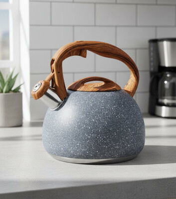 YUNXIGUOJI 3.2-Quart Gray Rust-Proof Stovetop Teapot With Whistle Made Of Food-Grade Stainless Steel With A Wood-Grain Handle.