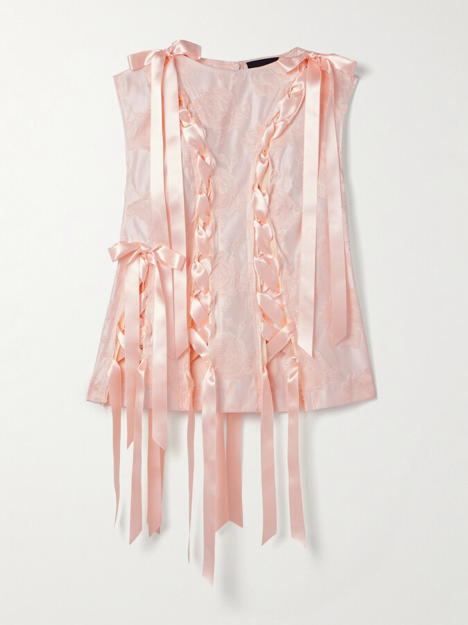 Simone Rocha Unraveling Ribbon Lace-up Frayed Brocade Top - Pink