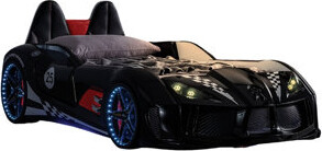 BoudoirBloom Blue Twin Bed Featuring Race Car Design, Novelty Style, Two Magnetic Doors, Led Lights On Wheels And Bottom, Headlights As Night Lights, Remote - Cont