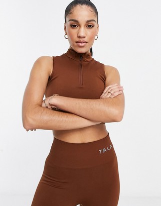 Tala Zahara medium support sports bra with half zip in brown - exclusive to ASOS