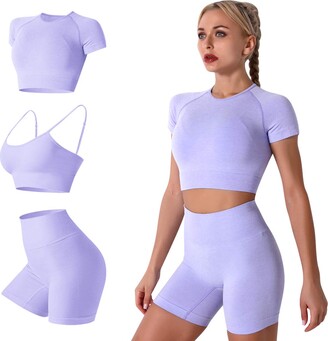 Odizli Gym Sets for Women 3 Piece Ladies High Impact Sports Bra+Short  Sleeve Slim Fit Crop Top+High Waisted Bike Cycling Shorts 3PCS Outfit  Workout Yoga Running Clothes Suit Exercise Wear Activewear Purple