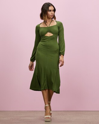 Topshop Women's Green Midi Dresses - Premium Rib Jersey Ruched Front Midi Dress