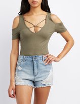 Thumbnail for your product : Charlotte Russe Ribbed Strappy Cold Shoulder Bodysuit
