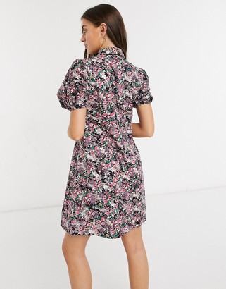 Vero Moda shirt dress with puff sleeves in black ditsy floral