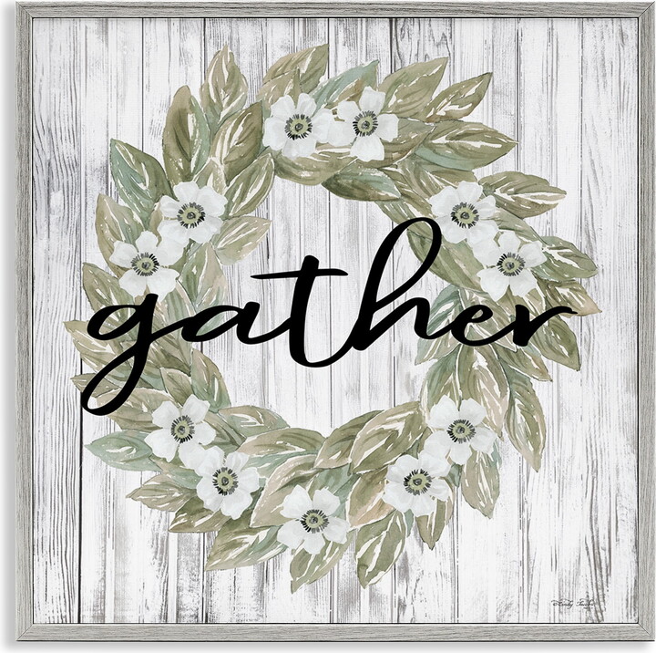 Stupell Industries Gather Greenery Wreath Typography Painting Gray Framed Art Print Wall Art, 24 x 24