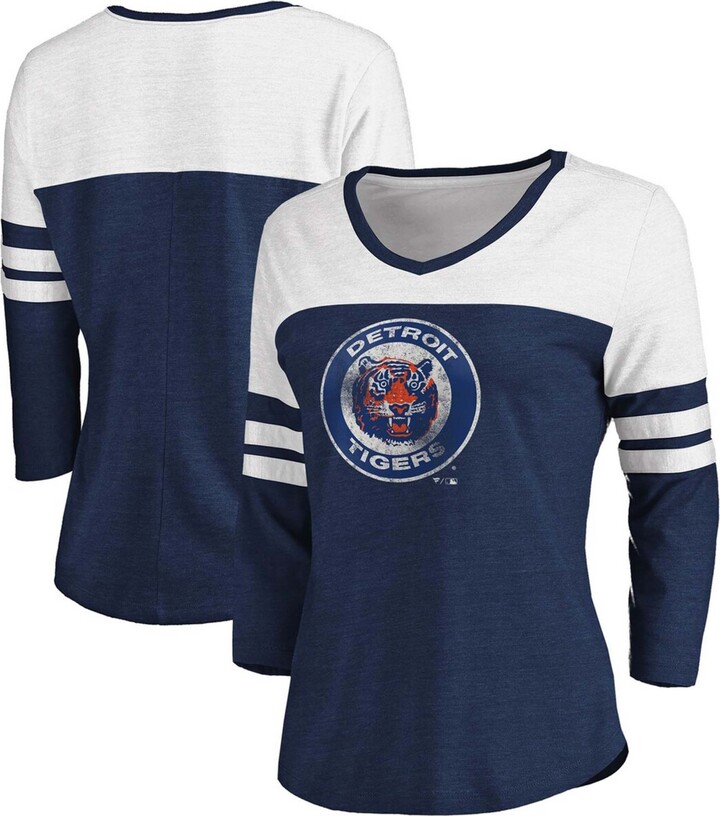 Fanatics Women's Heathered Navy, White Detroit Tigers Two-Toned Distressed  Cooperstown Collection Tri-Blend 3/4 Sleeve V-Neck T-shirt - ShopStyle