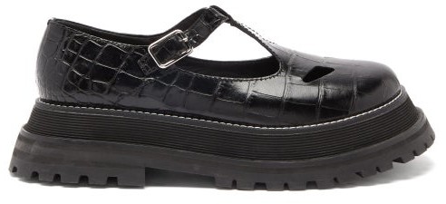Burberry Aldwych Crocodile-effect Leather T-bar Flats - Black - ShopStyle
