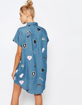 Thumbnail for your product : Lazy Oaf Longline Denim Shirt With All Over Patched Print