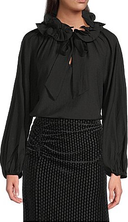 MelloDay Crepe Ruffle Collar Keyhole Tie Neck Long Sleeve Blouse