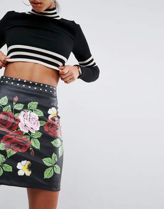 ASOS Leather Look Mini Skirt With Rose And Stud Detail
