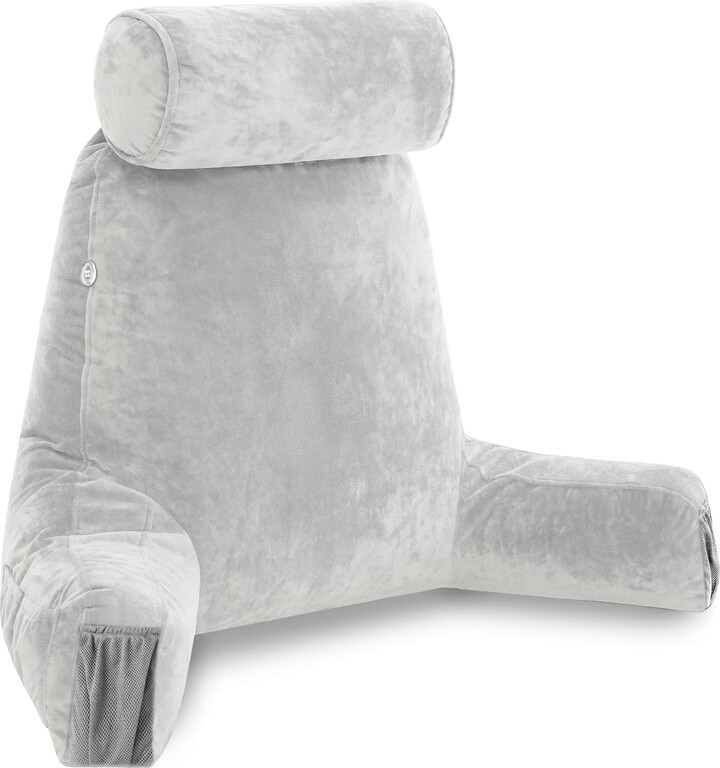 Husband Pillow Medium Light Grey, Backrest for Kids, Teens, Petite Adults - Reading Pillows With Arms, Adjustable Loft, Plush Memory Foam, Bed Rest Chair Sitting Up, Detach Neck Roll, Removable Cover