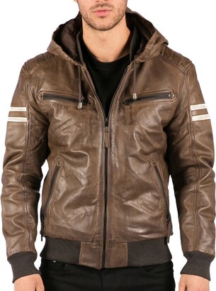 Men's Brown Motorcycle Bomber Leather Jacket with Removable Hood