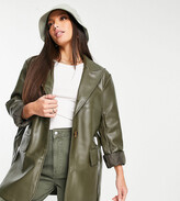 Thumbnail for your product : ASOS Tall ASOS DESIGN Tall faux leather belted grandad jacket in olive