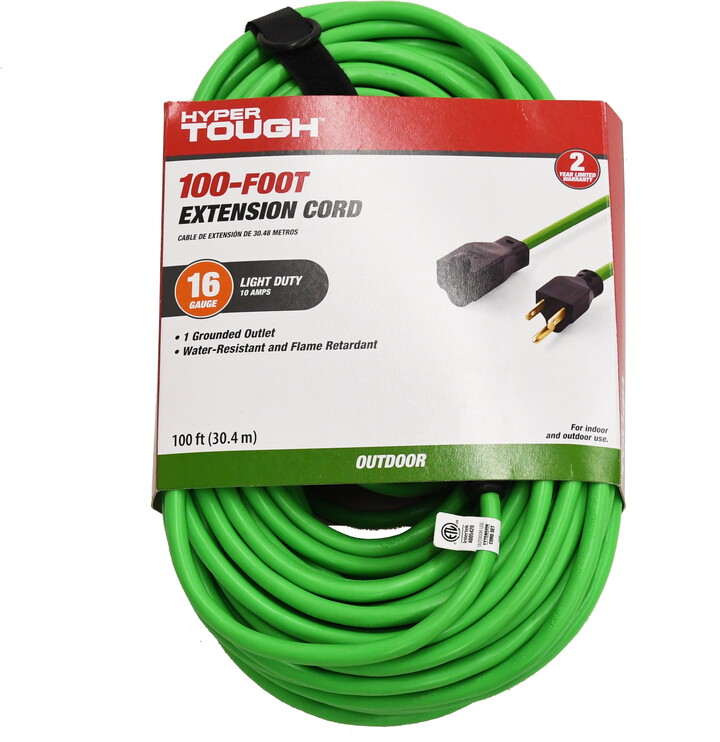 Hyper Tough 16AWGX3C 100ft Indoor and Outdoor Light Duty High Visibility Green Vinyl Extension Cord