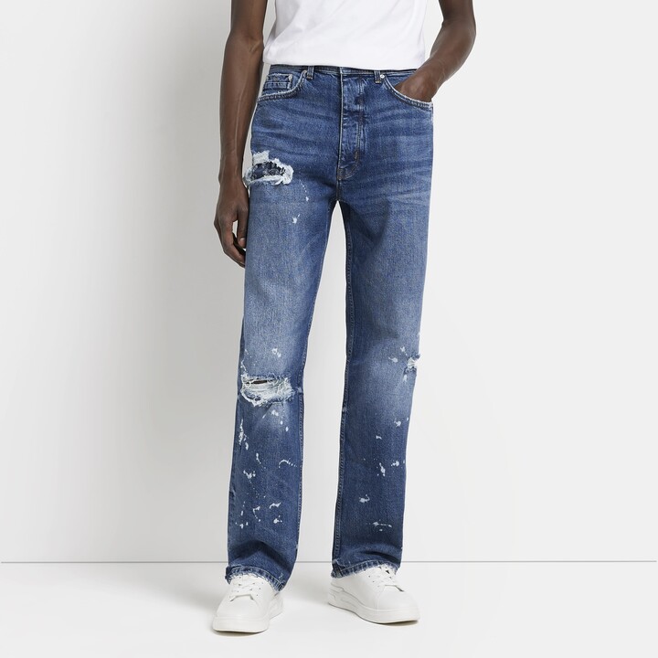 kind society Mens River Island Blue Loose Fit Paint Splatter Ripped