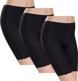 Voqeen Women's Anti Chafing Underwear Long Leg Knickers Briefs Sheer & Sexy Boxers Seamless Soft Ice Silk Slipshort Panties 3 Pack (Black S)