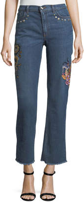 Etro High-Rise Straight-Leg Jeans w\/ Embroidery & Studded Trim