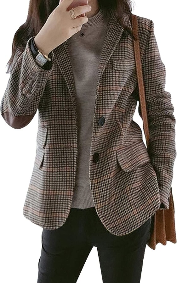 CHARTOU Women's Chic Lapel Collar Plaid 2-Button Wool Blend Blazer Suit ...