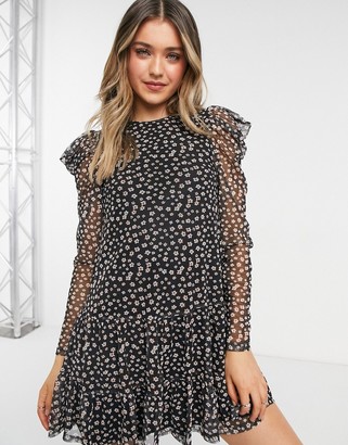 Topshop ruffle shoulder mesh mini dress in daisy print - ShopStyle
