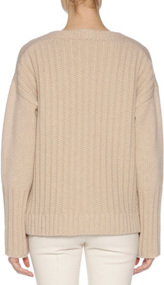 Agnona Wool-Cashmere V-Neck Sweater with Mink Fur Trim, Camel