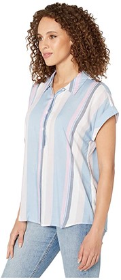 Vince Camuto Short Sleeve Sunset Stripe Collared Henley Blouse (Monet Lily) Women's Clothing