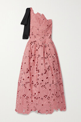 Oscar de la Renta One-shoulder Satin-trimmed Broderie Anglaise Taffeta Midi Dress - Pink