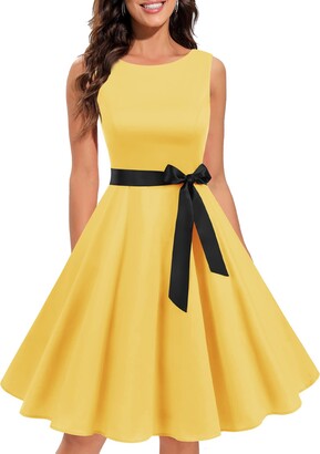 Gardenwed Women Casual Dresses Swing Tea Dress Cocktail Vintage A-Line 1950s Party Dress Knee Length Cocktail Dress Dinner Festival Party Prom Dress Yellow M