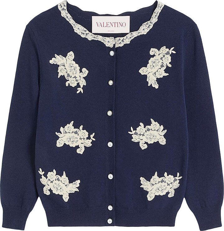 Women's Embroidered Wool and Lace Cardigan - Blue Ivory - Size Small