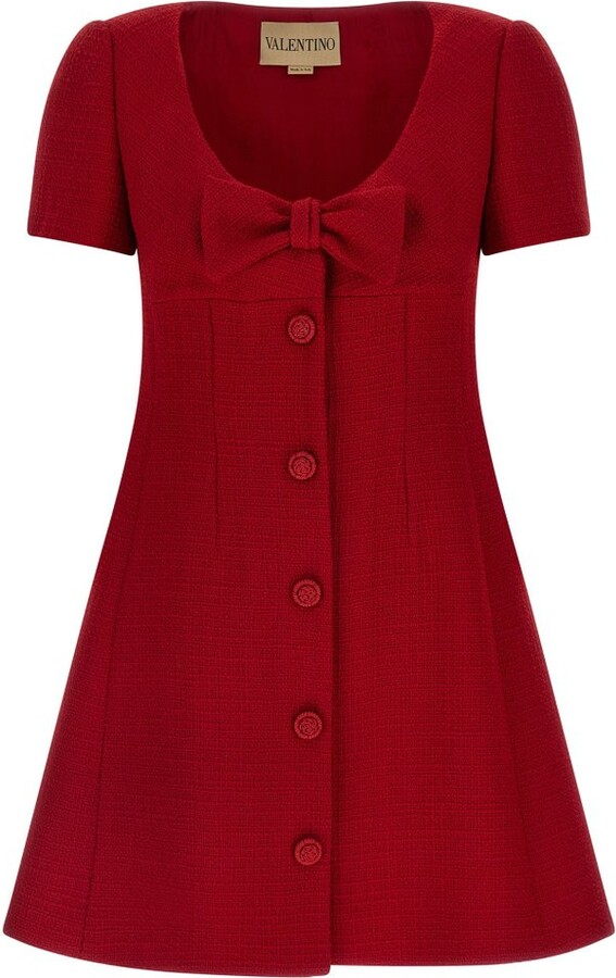 Valentino Bow Detailed Short-Sleeved Tweed Dress