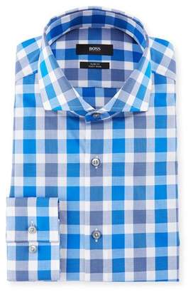 BOSS Jason Slim Fit Easy Iron Large-Plaid Cotton Dress Shirt, Medium Blue